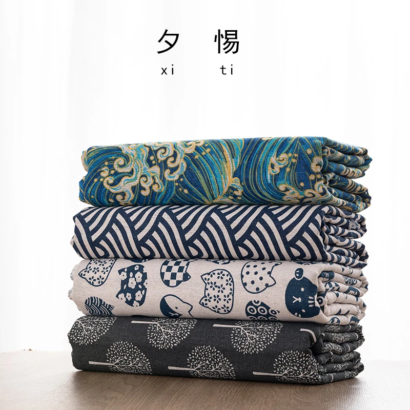 日系碎花棉麻印花布料格子窗帘沙发粗亚麻布清新桌布diy布头背景