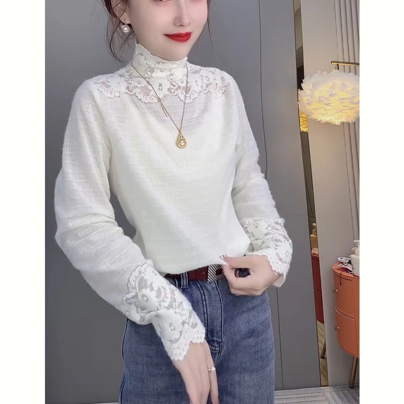 欧货洋气拼接蕾丝长袖T恤2024秋冬新款洋气半高领百搭花边袖上衣