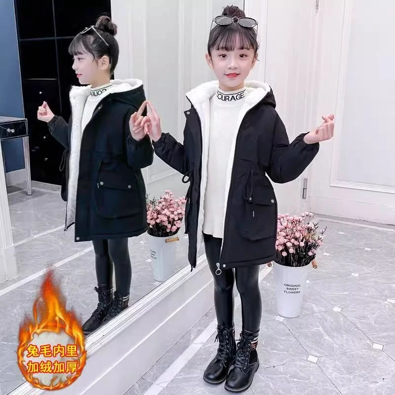 女童加绒加厚派克服2023冬装新款中大童洋气棉服女童中长款棉服潮
