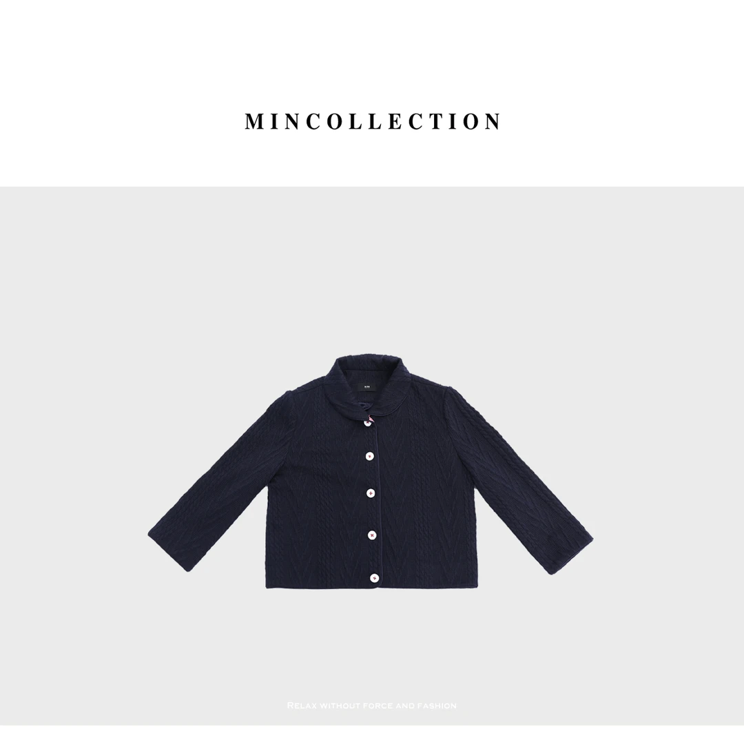 DE Mincollection娃娃领小衫/早秋复古撞色肌理短款排扣针织衫