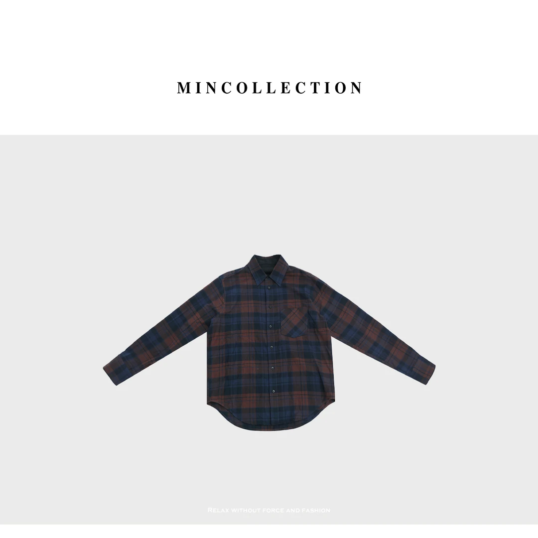 DE Mincollection咖蓝格纹衬衫/早秋美式复古做旧棉质廓形衬衫