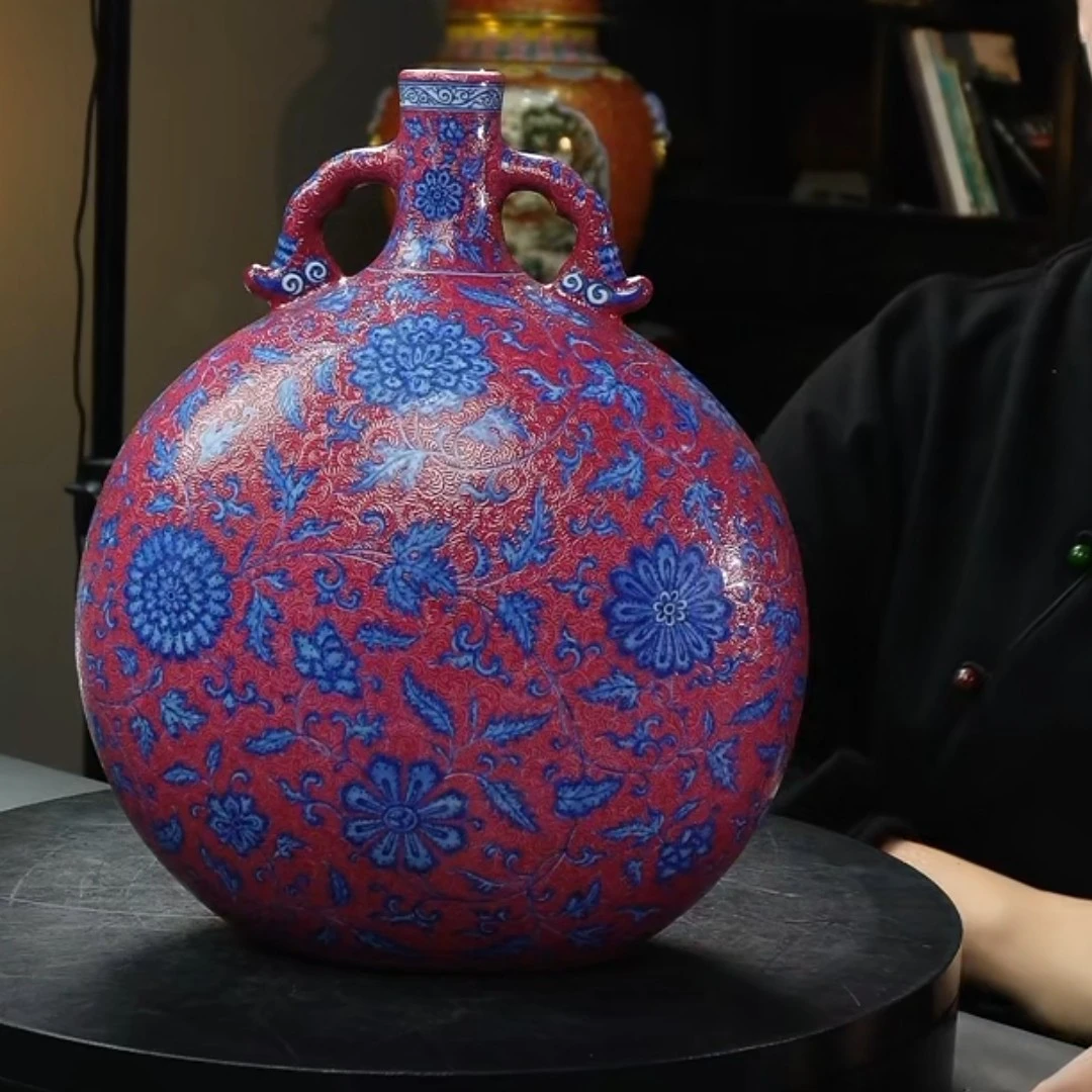 胭脂红青花花卉挂马瓶