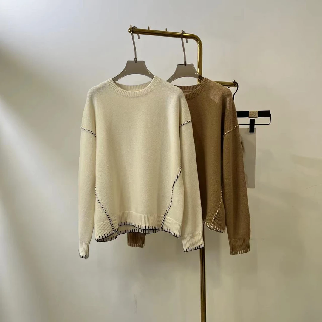 2023秋季新款女装时尚百搭套头撞边拼色边羊绒衫圆形长袖毛衣
