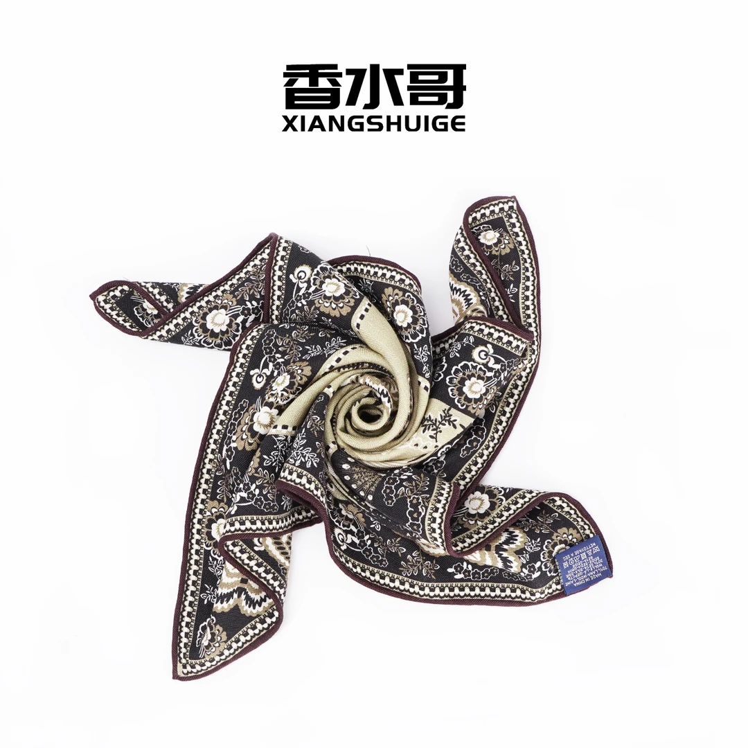 2024新款秋冬女休闲轻奢印花羊毛混纺桑蚕丝复古印花小方巾