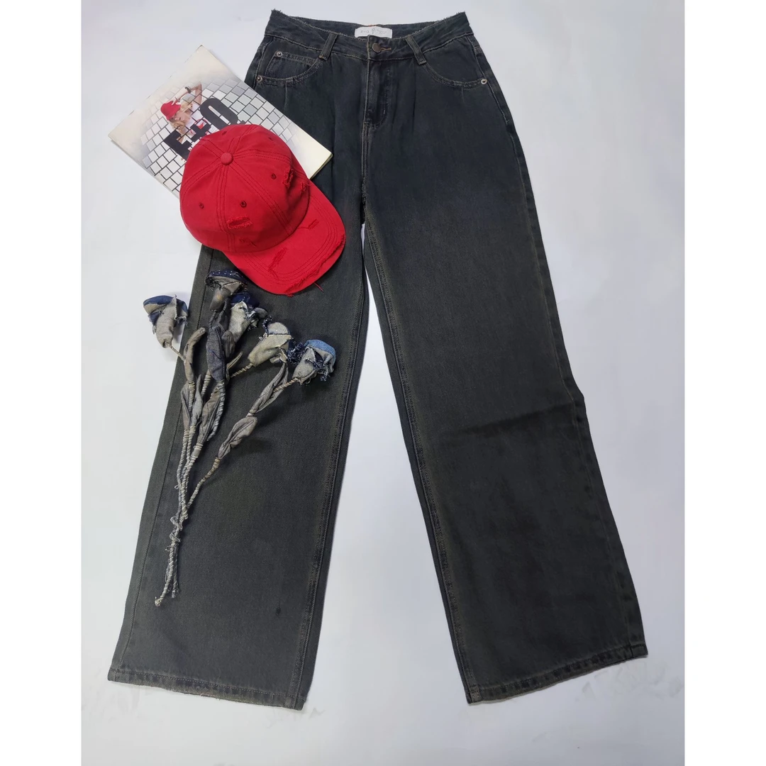 复古水泥灰大直筒压褶牛仔裤宽松休闲裤时尚331076