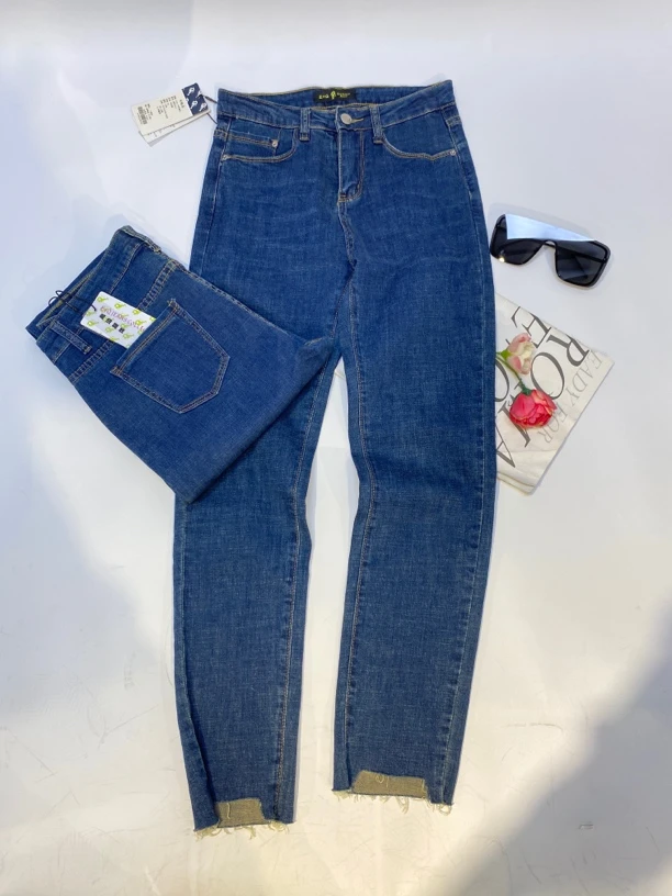 深蓝色高腰牛仔小脚弹力显瘦铅笔裤长裤031014，