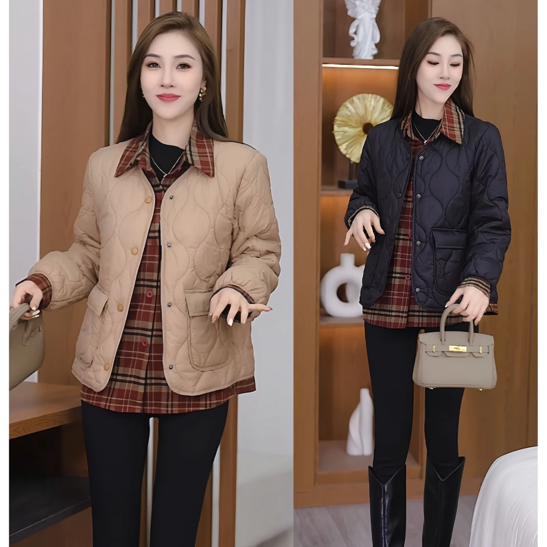2024假两件轻薄格子女式棉服短款外套秋冬气质小个子棉衣保暖棉袄