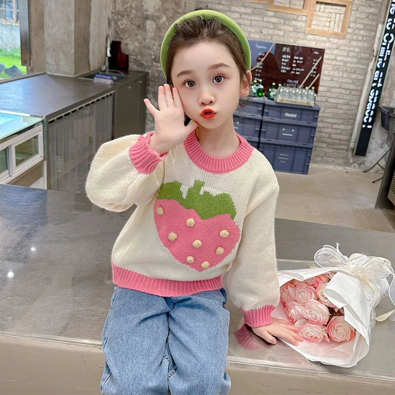 女童秋冬季毛衣女宝宝时髦上衣小女孩手工草莓打底衫洋气内搭秋衣