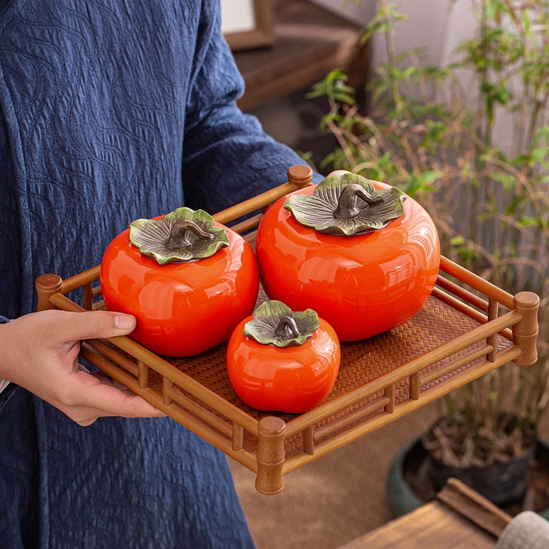 创意陶瓷柿子罐密封茶叶罐便携小号事事如意伴手礼订婚摆件礼盒装