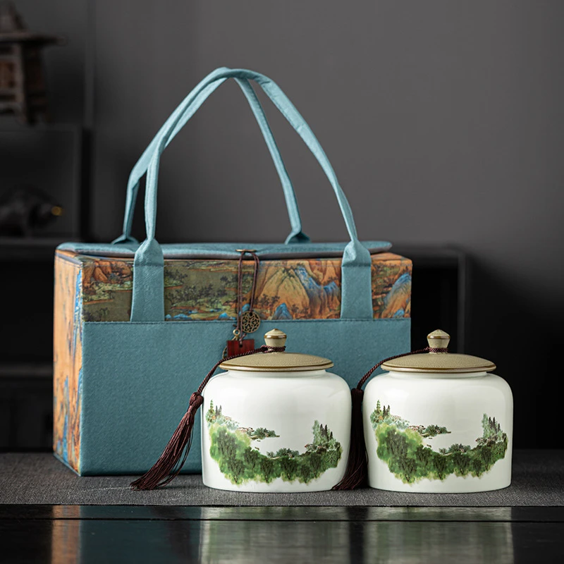 复古茶叶礼盒空盒陶瓷茶叶罐龙井绿茶白茶通用双罐半斤布包装批发