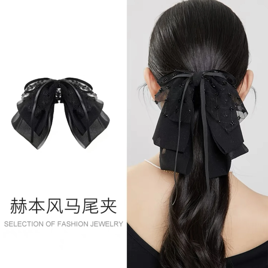 赫本风黑色蝴蝶结抓夹法式复古气质鲨鱼夹发夹头饰发饰女