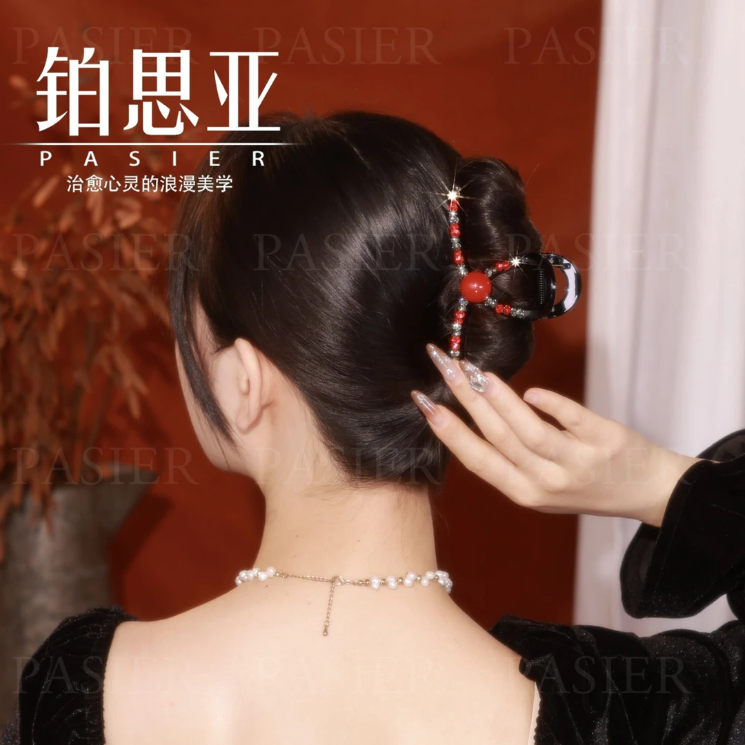 高级感复古红色珠珠发夹女新款大号鲨鱼夹中式精致气质抓夹头饰