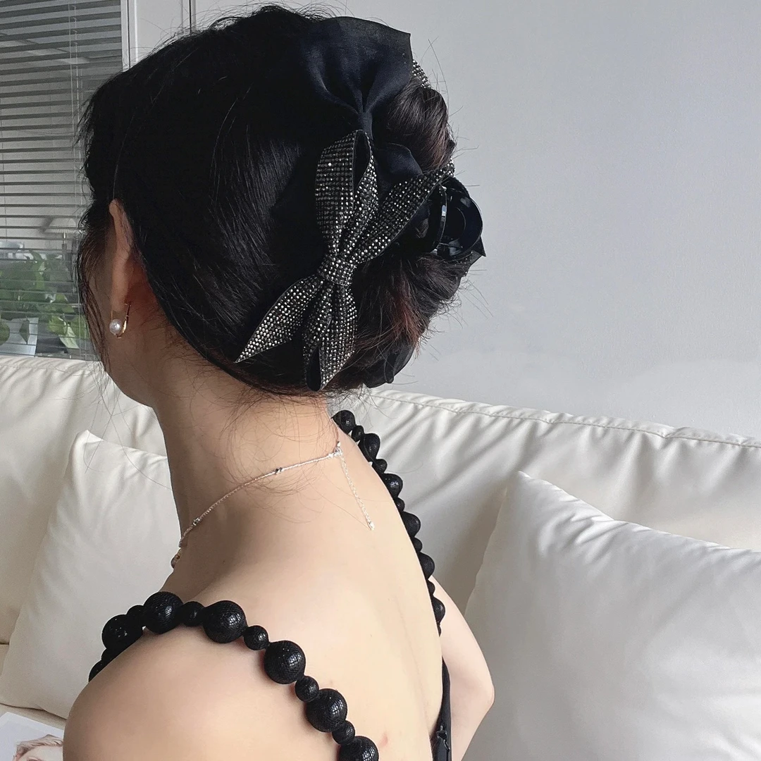ASHIRNG 非金属发饰 黑色百搭星光闪钻双拼蝴蝶结优雅抓夹甜美女