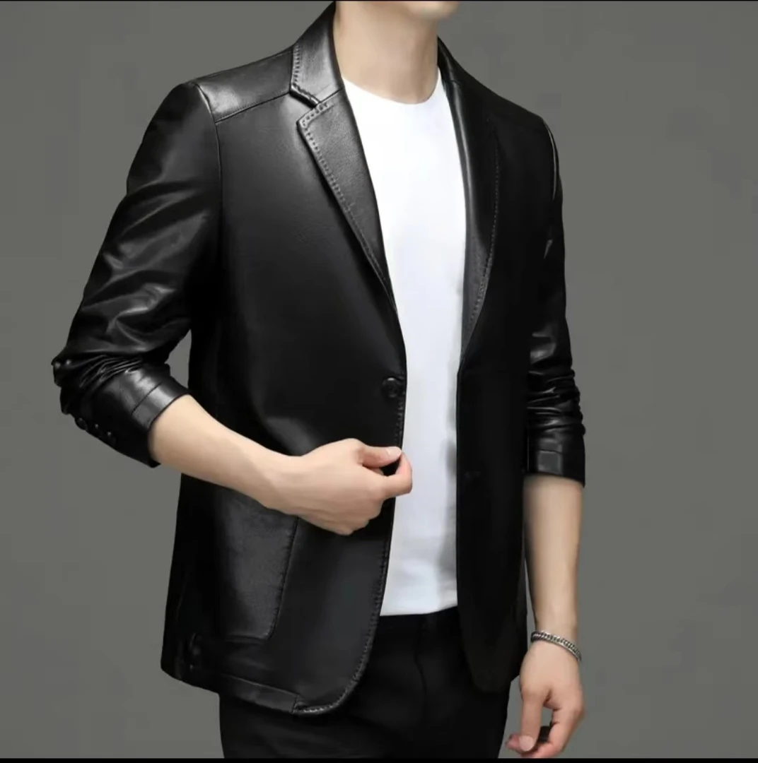 【珏胜】春季海宁男士经典百搭真皮西装外套微修身商务休闲皮西服男