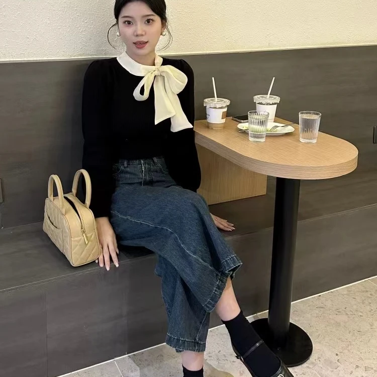 秋韩版气质蝴蝶结围巾领黑色女修身打底衫长袖上衣