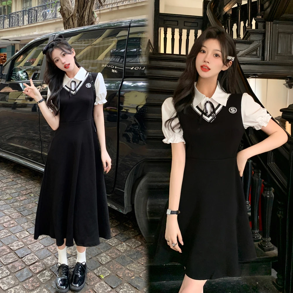 大码女装夏季学院风假两件显瘦连衣裙胖MM藏肉显瘦黑色裙
