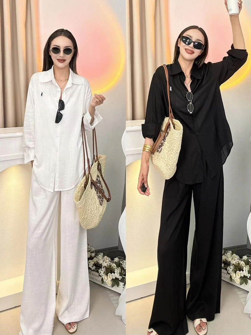 纯色套装加长裤子衬衫套装显瘦气质垂感设计师