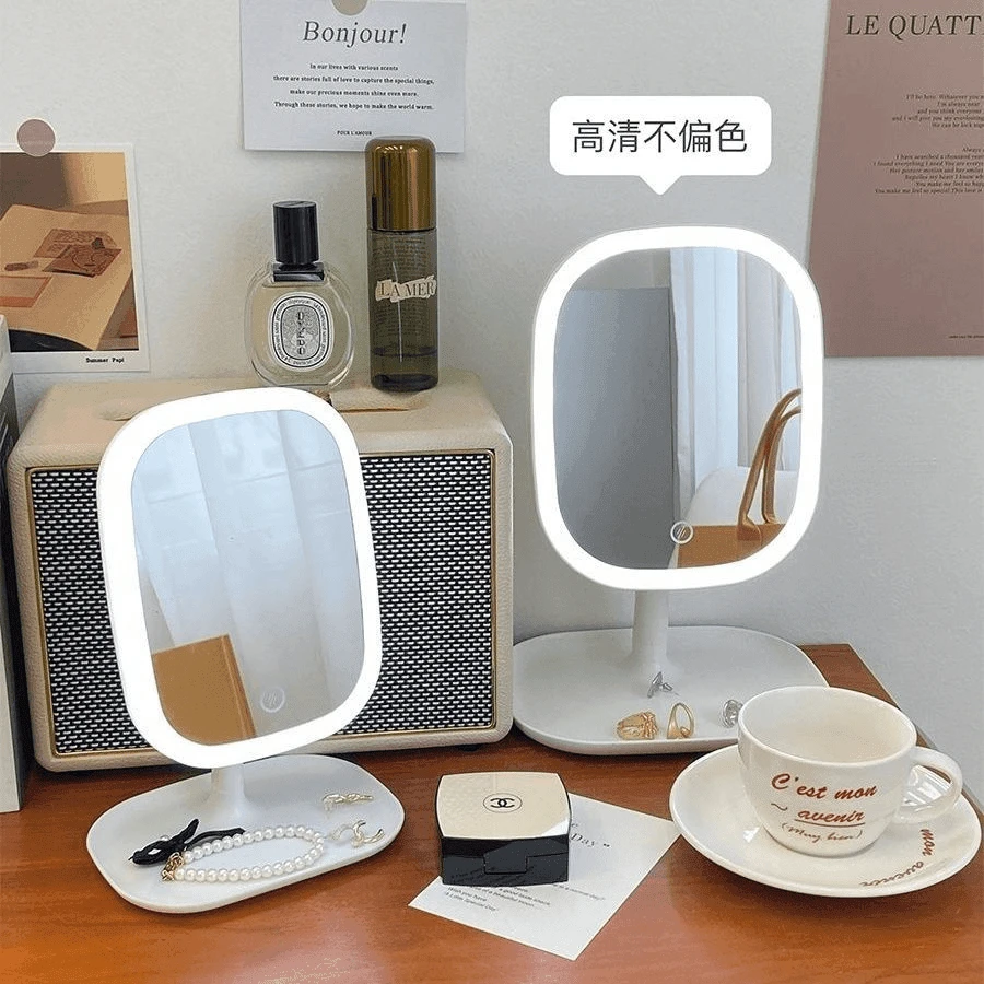 网红可折叠家用宿舍卧室LED灯化妆镜带灯发光镜子补光镜台式桌面
