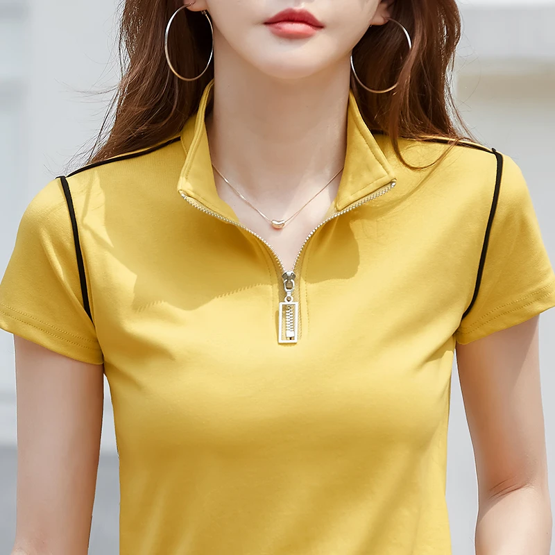 夏季新款撞色拉链立领短袖t恤衫女洋气百搭休闲显瘦半袖时尚上衣
