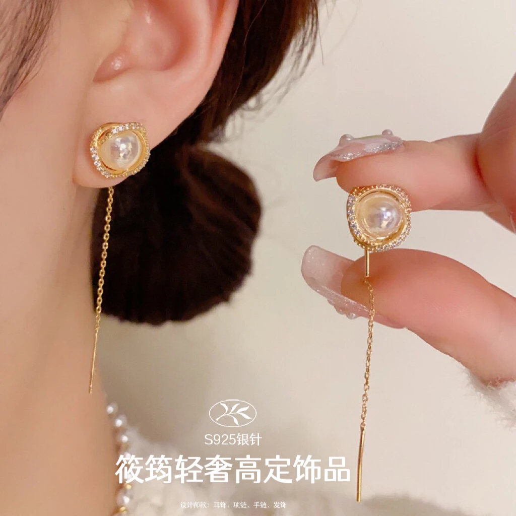 铜合金仿珍珠耳饰 【XJ•QS】微镶缠绕耳线百搭小众精致时尚长款耳环