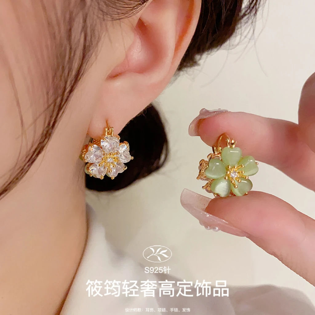 铜合金耳饰 筱筠【山茶花海】时尚气质双面花耳扣设轻奢名媛风耳环
