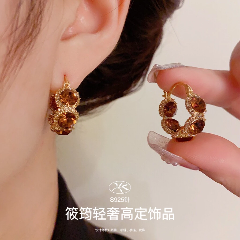 铜合金合成锆石耳饰 【XJ•QS】法式复古港风精致圆圈耳扣高级感耳环