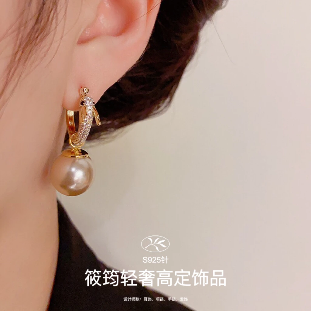 铜合金仿珍珠耳饰 【XJ•QS】新中式两戴款微镶龙形耳扣轻奢设计耳环