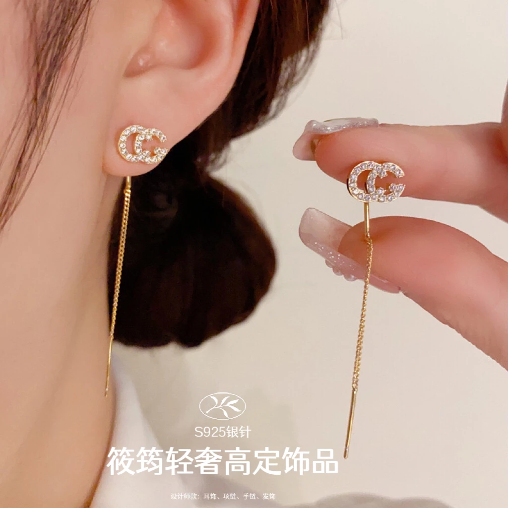 铜合金耳饰 【XJ•QS】微镶字母长款流苏耳线小众精致百搭显脸瘦耳环