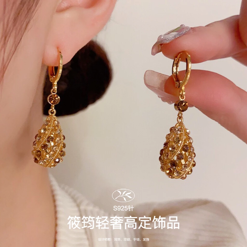 铜合金合成锆石耳饰 【XJ•QS】美拉德系列咖色水滴耳扣精致小众耳环