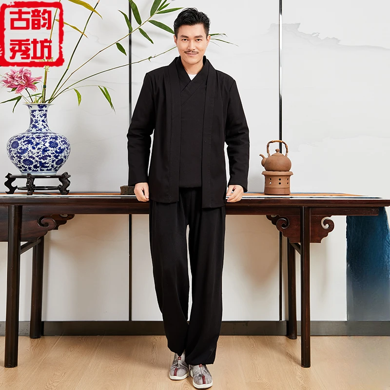 冬季加厚道袍中国风男装唐装亚麻男士汉服茶禅修服居士服古风古装