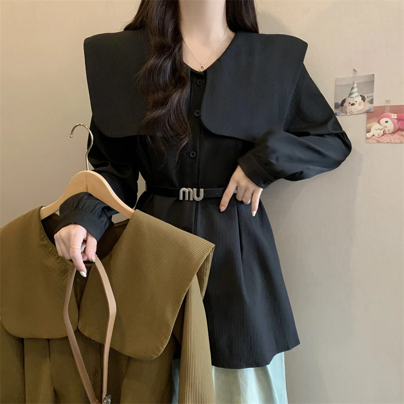 胖MM新款长袖韩版宽松衬衫腰带收腰海军领衬衣上衣