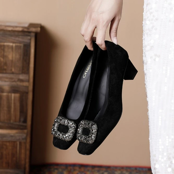 牛猄绒~超火的~轻奢风2023年秋季方扣方头亮钻粗跟高跟单鞋女