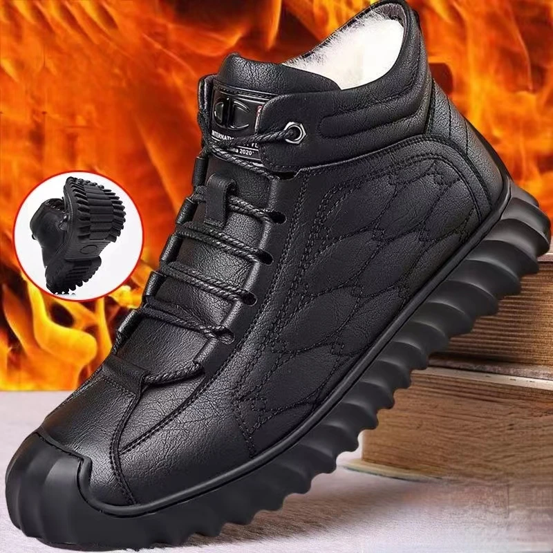 新款雪地靴男保暖冬季加绒加厚男士短皮靴厚底防寒大棉鞋皮面防水