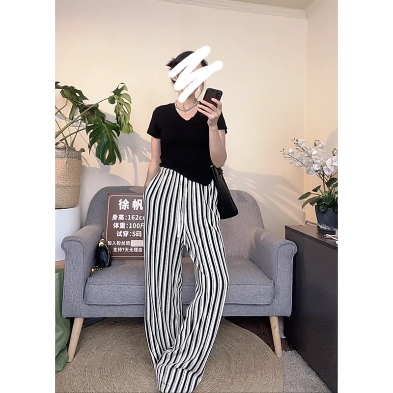 《徐帆女装》减龄初秋松弛慵懒风系带高腰直筒条纹显瘦休闲裤子女