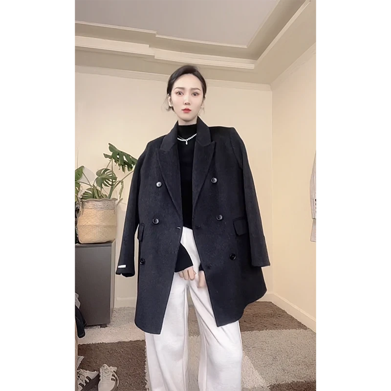 徐帆女I 加厚双面长绒羊毛时尚大衣女短款毛呢韩版长毛西装外套
