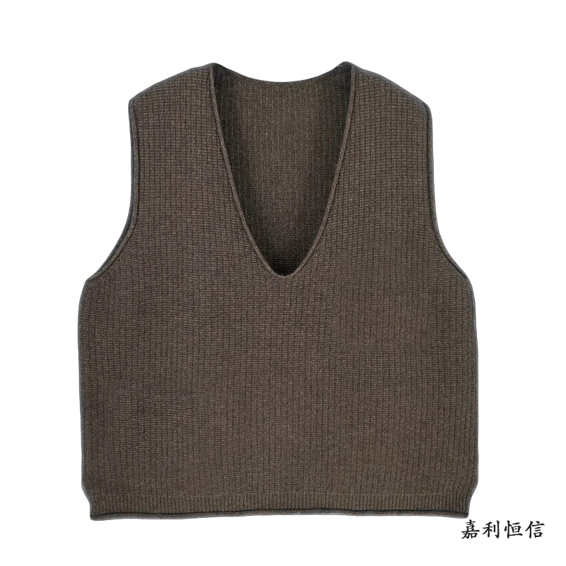 【匠心工艺】优雅经典大气卷边宽松女式纯山羊绒大V领马甲