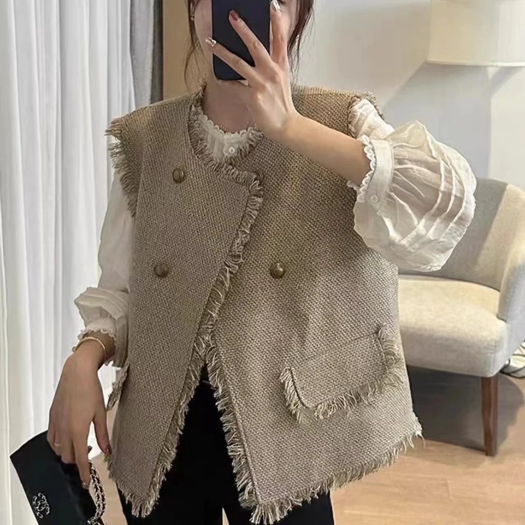 秋季新款法式小香风毛边开衫马夹气质时尚百搭