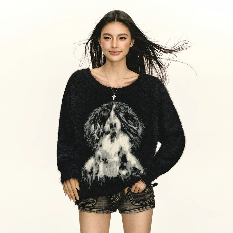 Ariseism  美式复古慵懒风小狗毛衣女秋新款