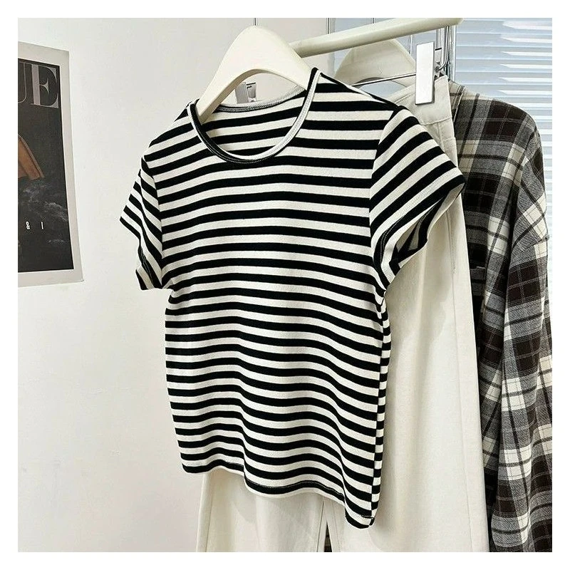 95棉条纹正肩短袖女夏季新款设计感小众T恤小个子修身圆领上衣潮