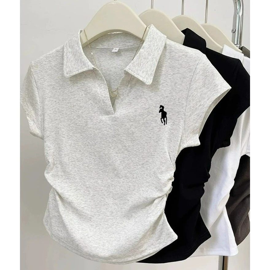 95棉POLO领正肩短袖t恤女夏季2025新款修身简约韩版ins小飞袖上衣