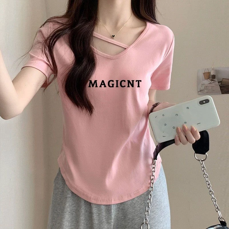 95棉正肩短袖T恤女小心机甜辣v领ins潮韩版洋气修身显瘦遮肉上衣
