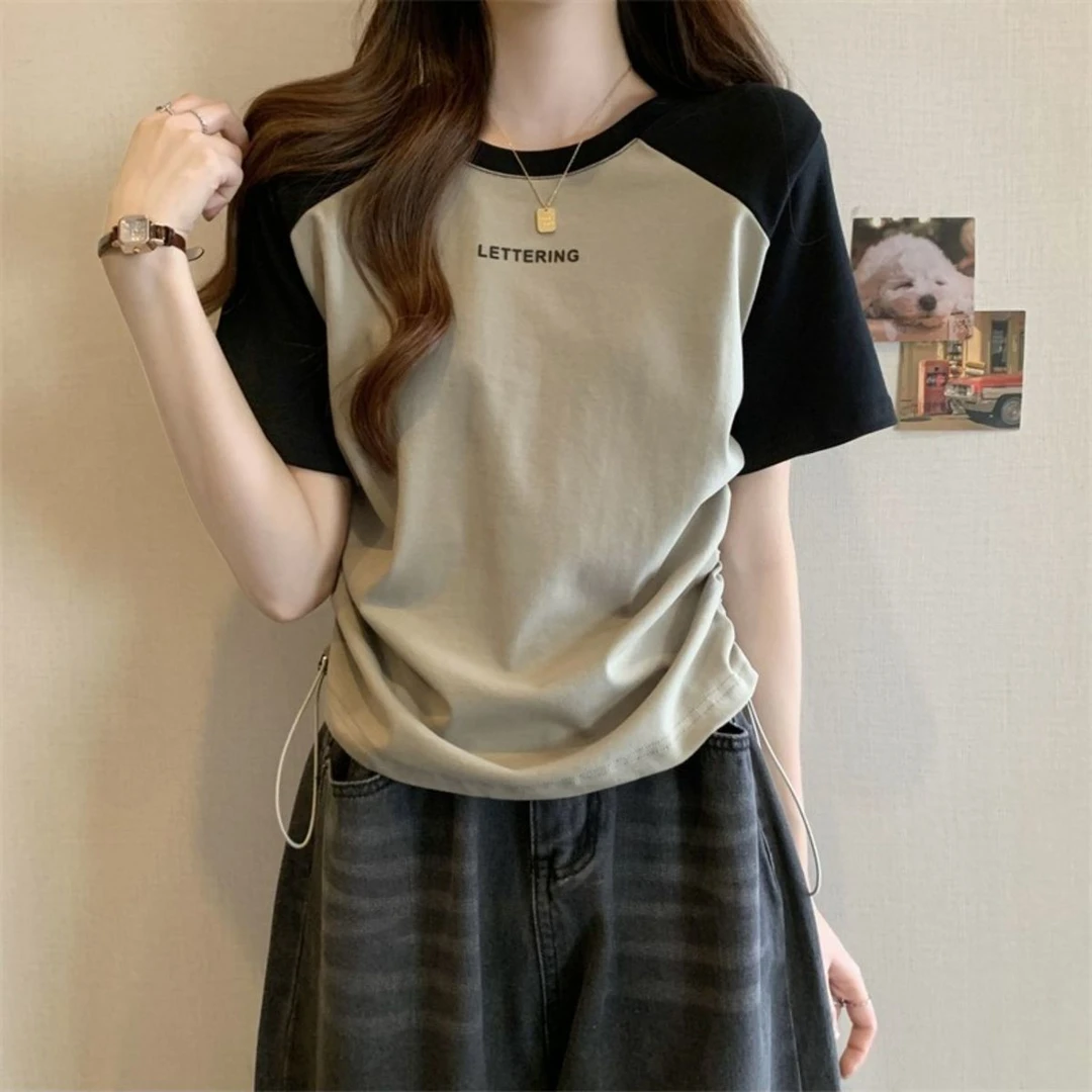 95棉拼接短袖T恤女韩版小心机撞色甜辣圆领ins宽松显瘦遮肉上衣