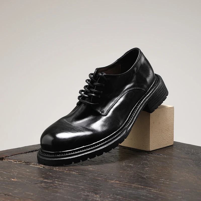 小圆头德比鞋英伦复古休闲皮鞋男士休闲国潮马皮水洗手工单鞋潮鞋
