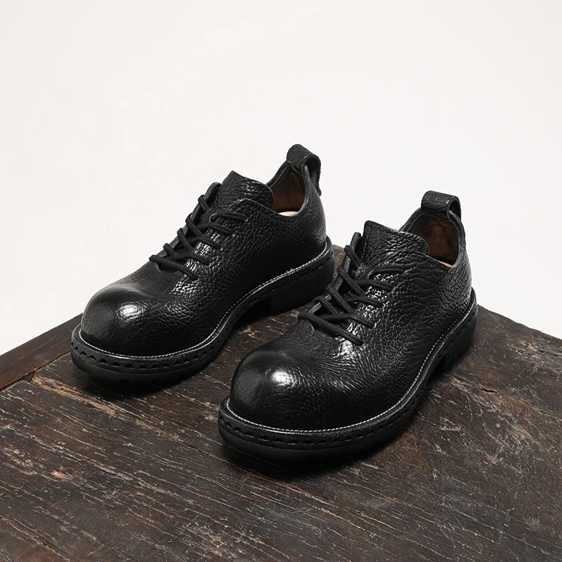 高档野牛皮厚底增高休闲男士皮鞋固特异大头复古英伦风皮鞋
