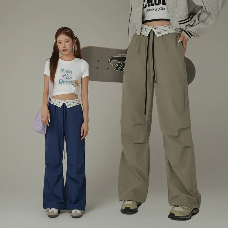 CHUU字母拼接抽绳裤高腰翻边阔腿长裤子DTE0011H