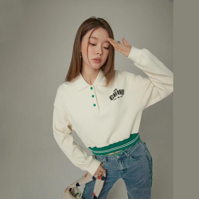 CHUU华夫格polo领显瘦宽松休闲风卫衣DHLI004W