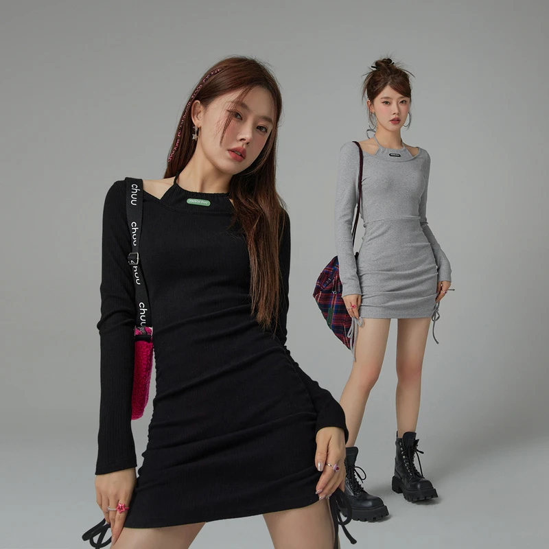 CHUU修身显瘦抽绳个性包臀短裙辣妹挂脖性感连衣裙DHBB001J