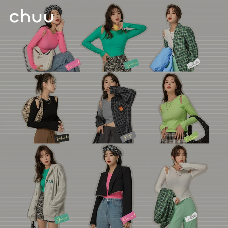 CHUU短款设计感打底小众显瘦圆领糖果色修身长袖露肩T恤BHA1207U