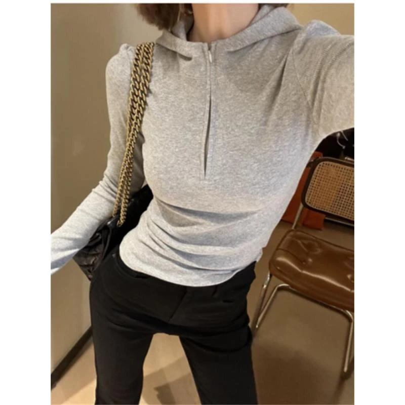 流行休闲长袖T恤女秋装气质修身连帽半拉链上衣时尚百搭小衫