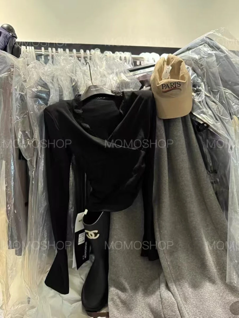 高级感V领交叉褶皱长袖T恤修身显瘦内搭上衣